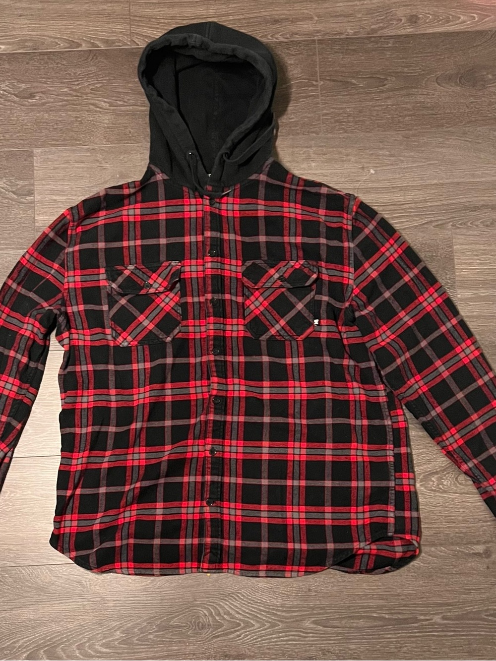 DC Red and Black Plaid Button-Up Hooded Flannel Shirt